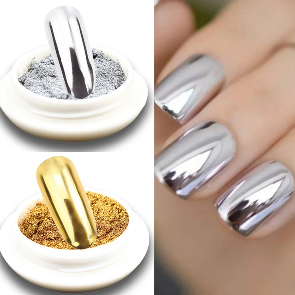 Frasco de polvo de uñas cromado espejo metálico, holográfico, plateado o dorado, pigmento brillante para gel polish