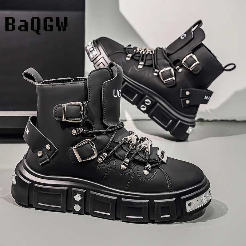 

Новые мужские белые панк-ботинки на платформе весна 2026 | Высокие повседневные ботинки-кроссовки на массивной подошве с металлической пряжкой