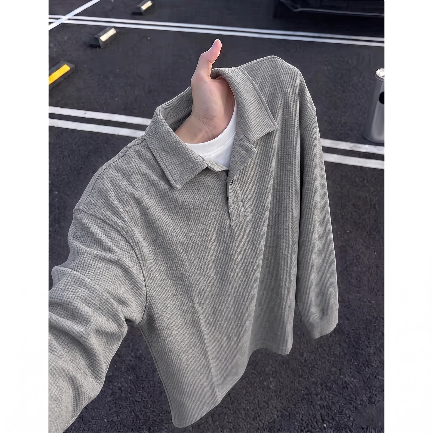 Light Grey Long Sleeve  Shirt Men's Autumn High-End Feel Stand Collar Sweatshirt American Style Inner Wear Base Shirt