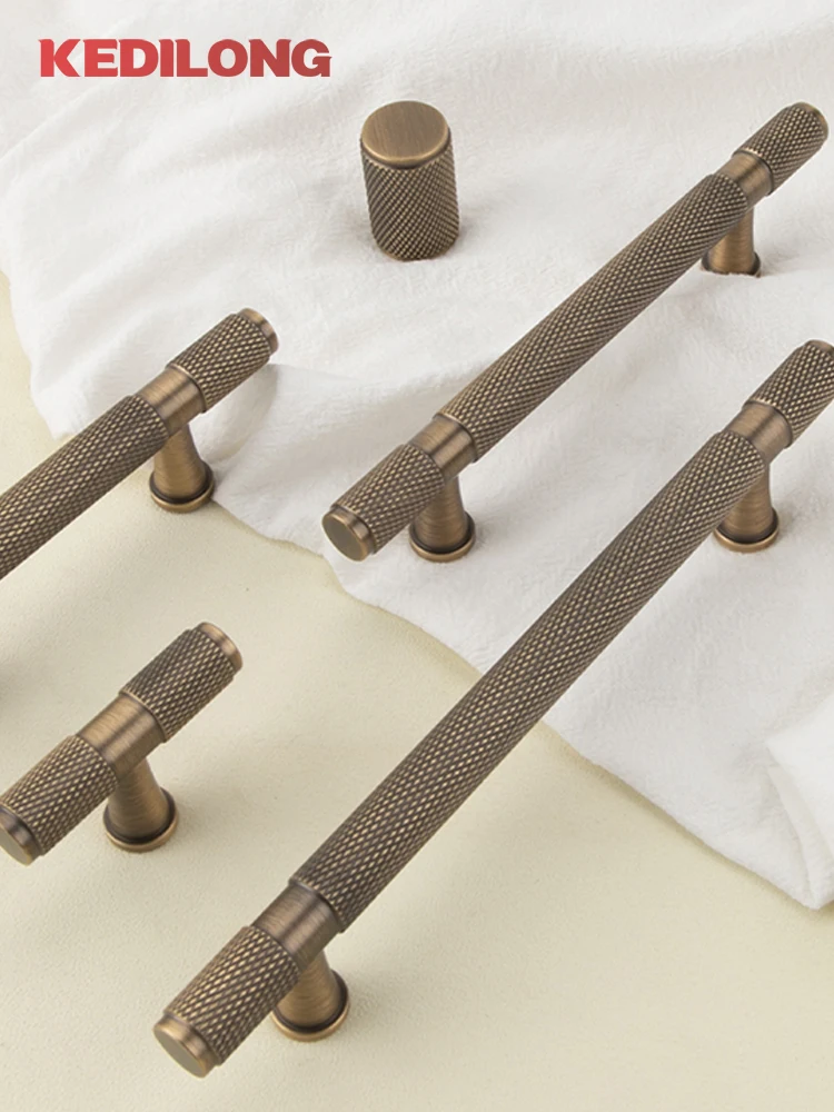 

KEDLO Solid Brass Diamond Cut Cross Knurl Cabinet Knob T-handle Antique Brass Cabinet Door Drawer Pull