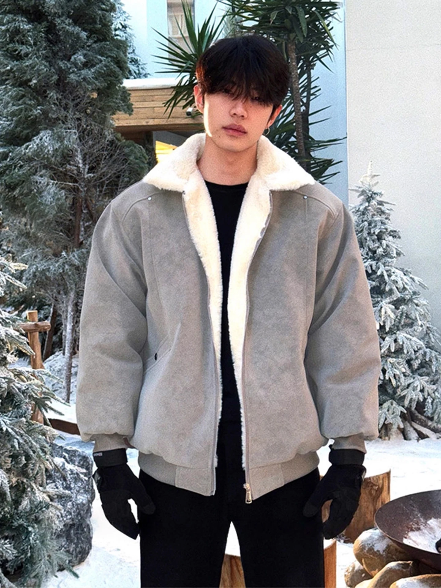 

Lamb Fur Lined Thiened PU Leather Jaet Men's Winter Coat Cotton Clothing Northeastern Overwintering Warm Cotton Padded Ja...