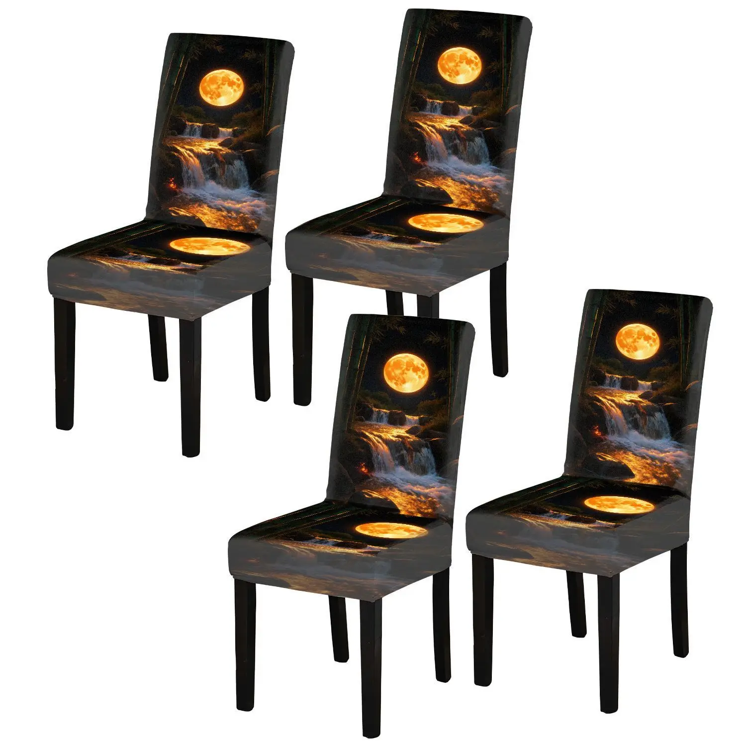 High elasticity printed dining chair cover, moonlight quiet night scene pattern, suitable for home dining table and chairs