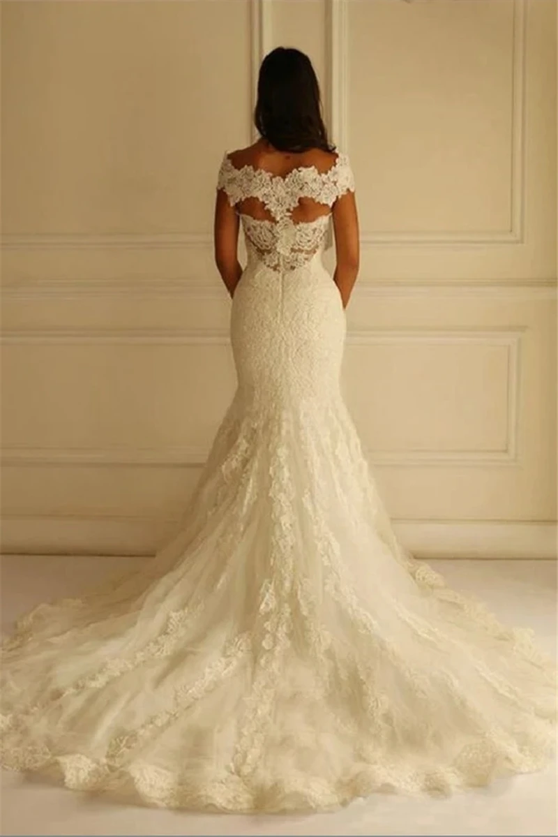 Vintage Full Lace 2022 Ivory Wedding Mermaid Off หญิงไหล่ชุดเจ้าสาว Sweep Train Plus ขนาดแต่งงานชุด