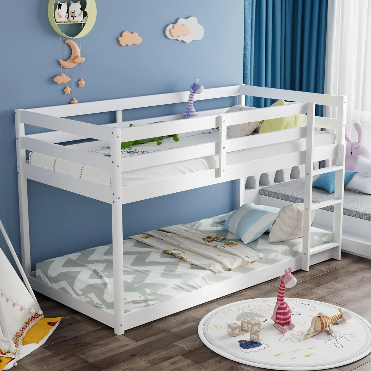 Twin Over Twin Bunk Bed, Low Floor Twin Bunk Beds Frame with Ladder & Full-Length Guardrail for Childs, Dormitory and Bedroom, 4