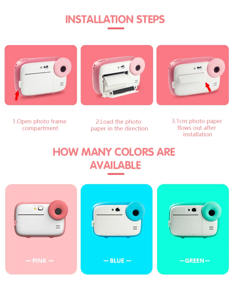 كاميرا الأطفال الطباعة في الوقت الحقيقي مرة واحدة التصوير ورق حراري بدون حبر كاميرا الطباعة باللونين الأبيض والأسود مع ورق الطباعة