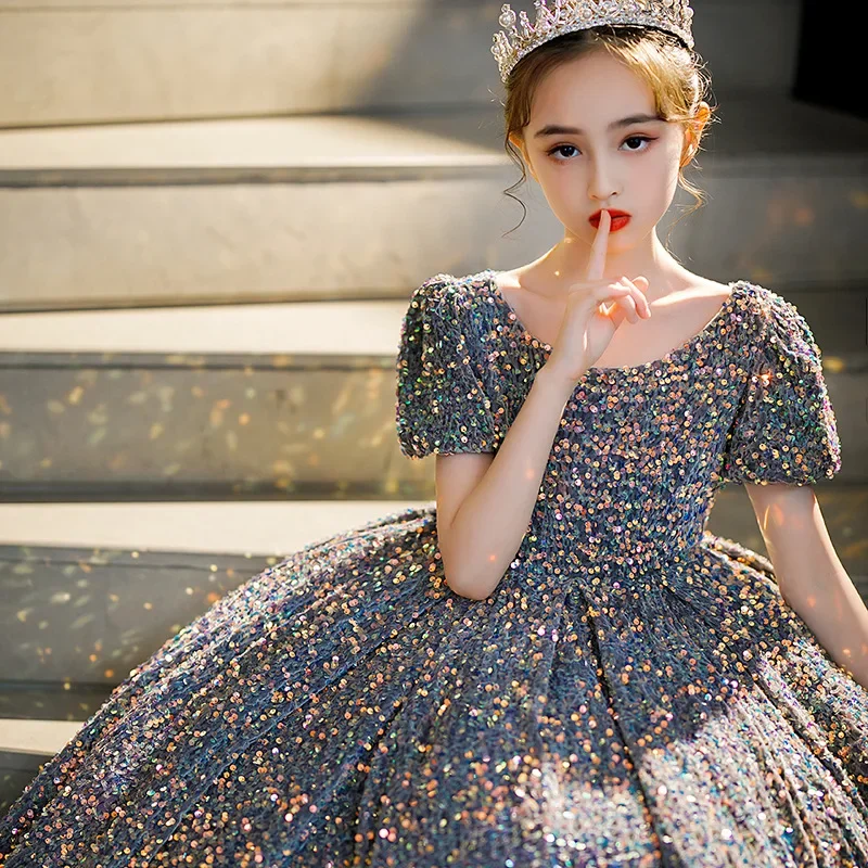 Abito da principessa in velluto con paillettes argento per bambini Elegante abito da spettacolo per spettacoli di carnevale di compleanno lungo fino al pavimento per ragazze, 2-14 anni