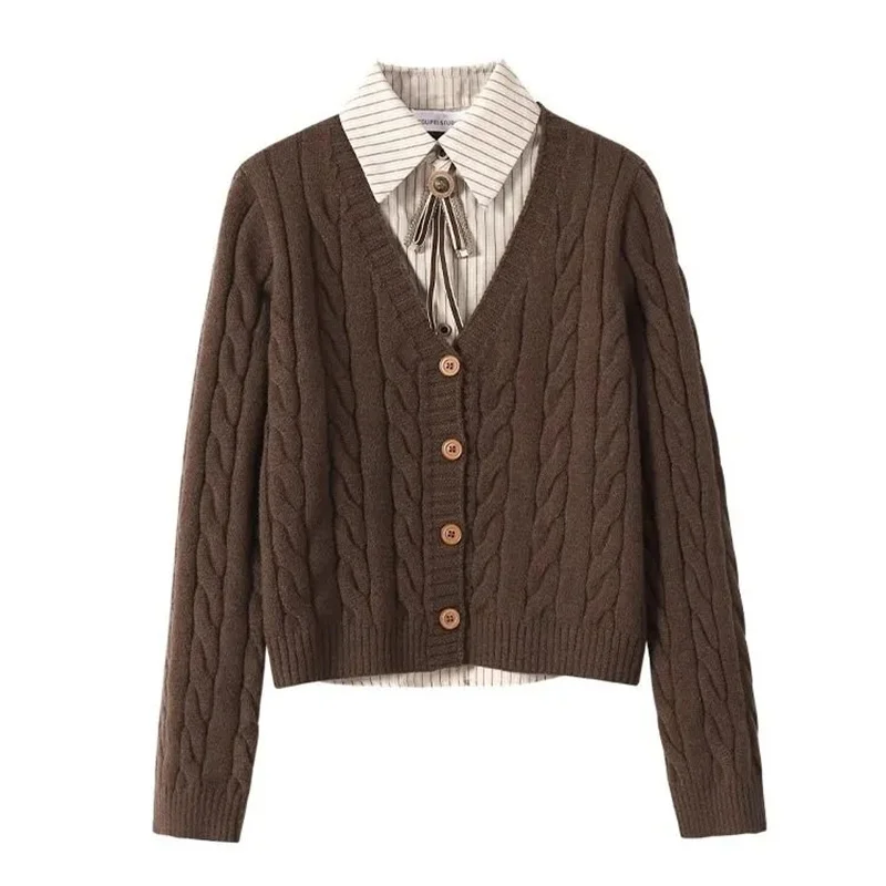 

Fake two pieces Splicing Polo collar Sweater Cardigan Coat For women Autumn Winter 2025 Long sleeves Loose Short Knitting Top