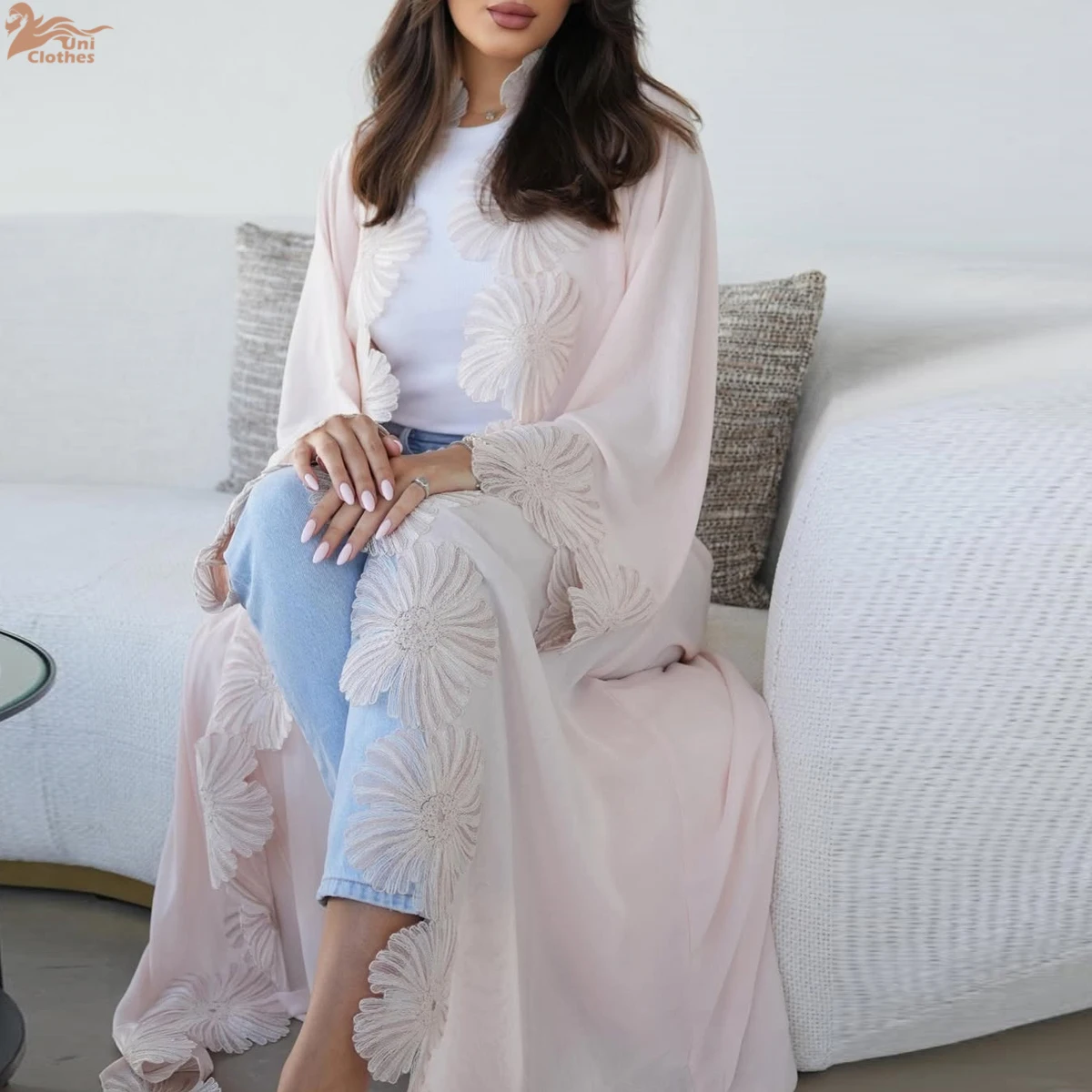 

Uni Muslim Elegant Women Open Abaya Guipure Lace Insert Dubai Luxury Women Abayas