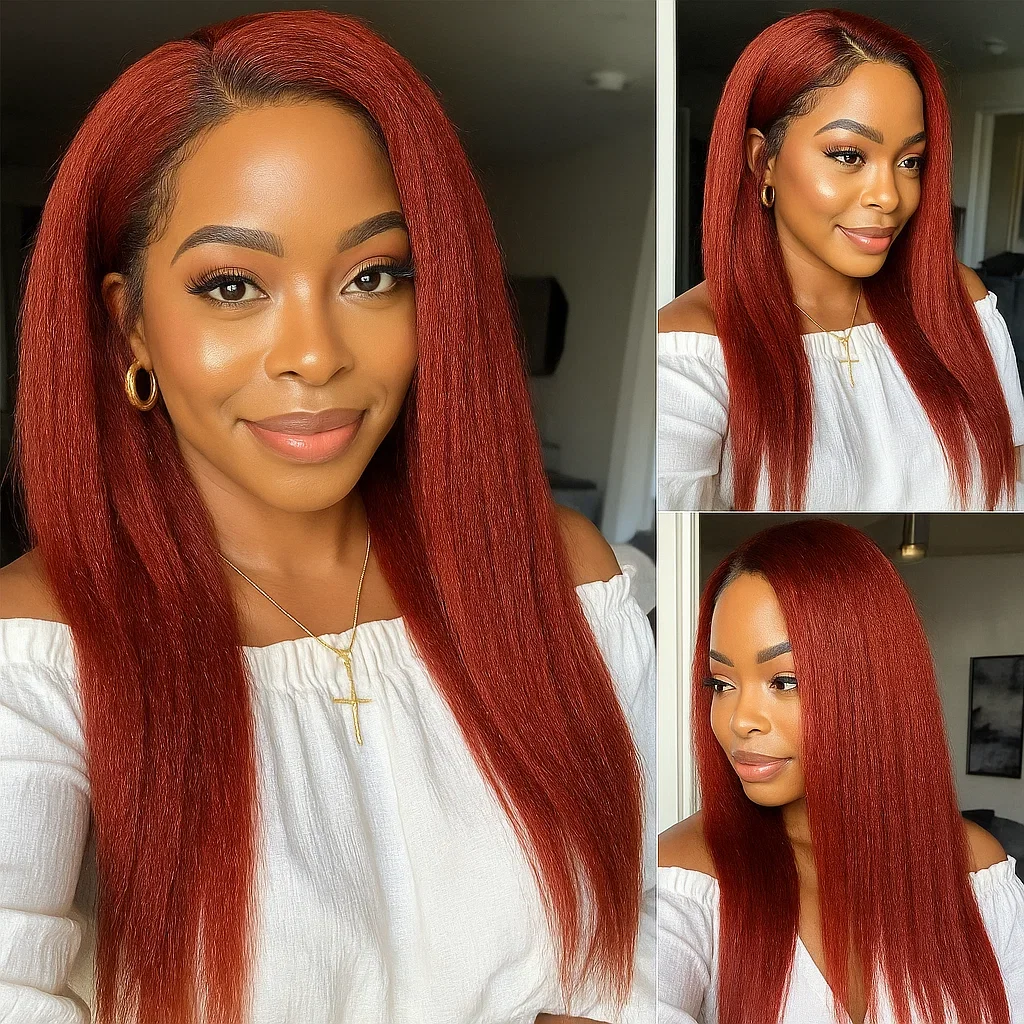 Wig Rambut Asli Wanita Warna Coklat Kemerahan Keriting Lurus 13x4 Lace Front, Wig Keriting Lurus Yaki Warna Tulang dengan Lace Frontal