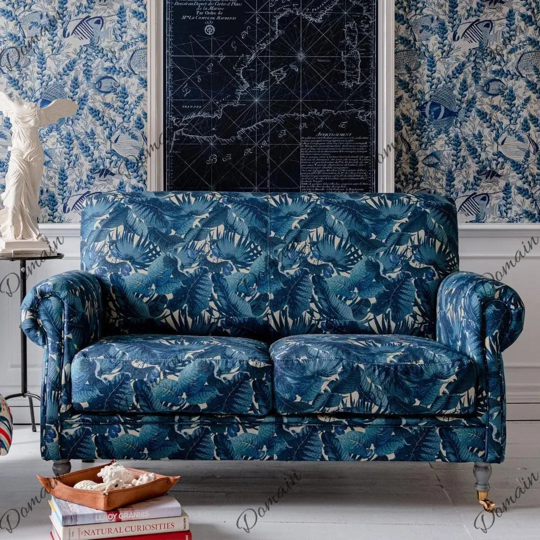 American medieval fabric sofa double small apartment household color leisure living room high back three-person blue printing
