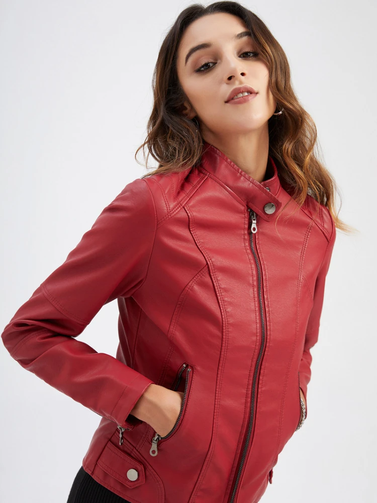 Motorcycle Jacket Pu Leather Blazer Traf Slim Fit Solid Coat Fashion Zipper Stand Collar Women New in Outerwears Autumn Winter