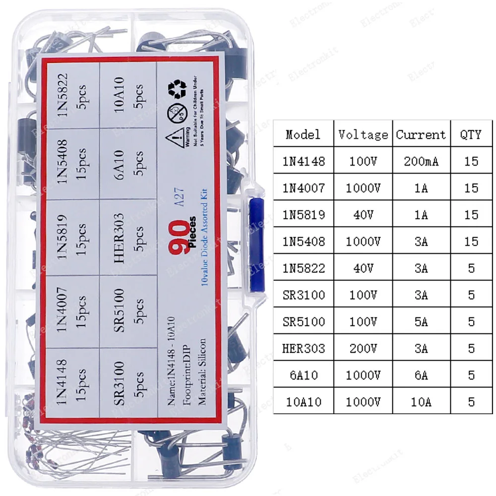 Diodo Zener DIP SMD de conmutación rápida, Kit surtido de diodos Schottky, 1N4148, 1N4007, 1N5819, FR107, FR207, 1N5822, 1N5408, SR5100, 6A10, 10A10