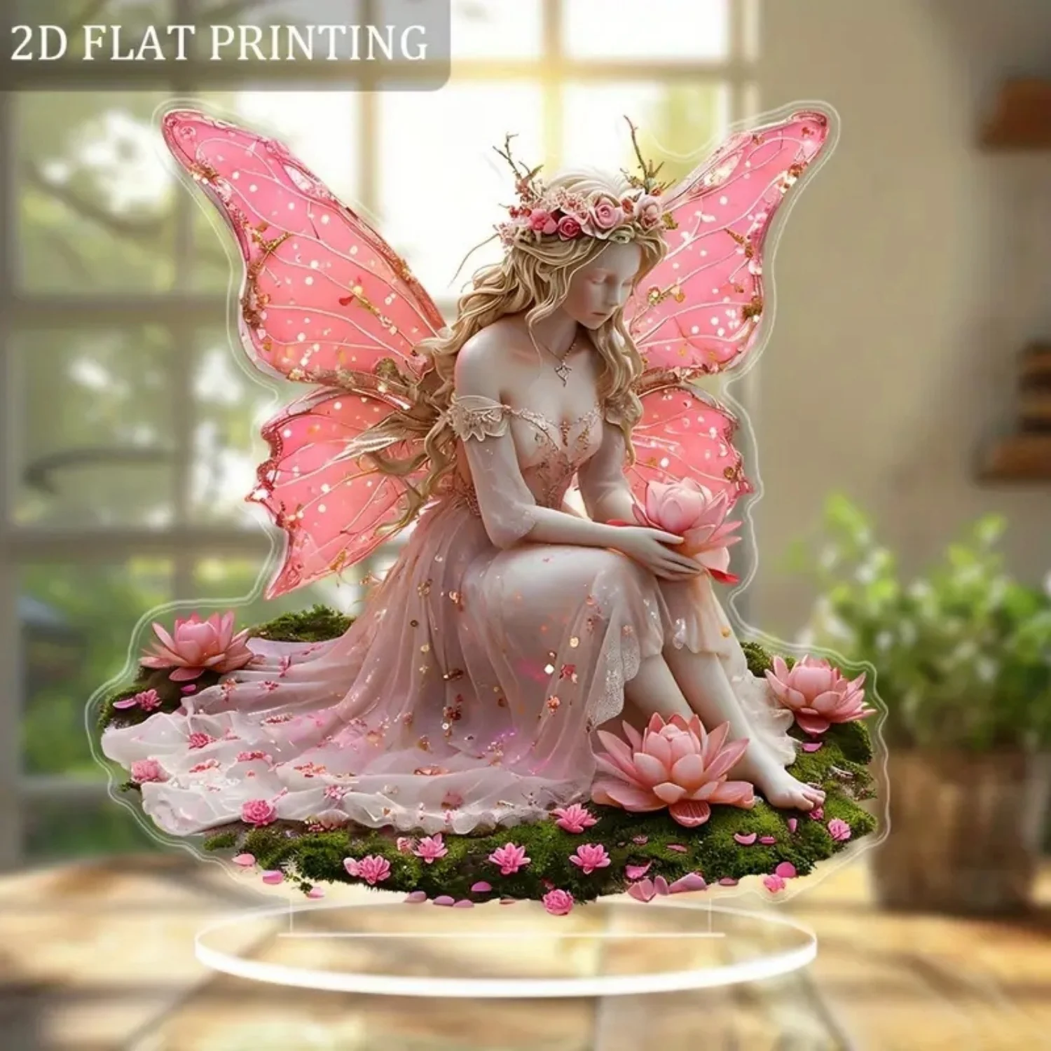 Fairy Statue,2D Flat Acrylic Pink Elves Figurine,Home,Office,Cafe,room,Studio,display Case,Table Desktop Ornament Decor Kit Gift