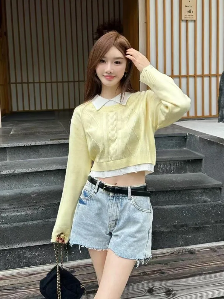 

Шикарный корейский сладкий студенческий трикотаж в консервативном стиле, искусственный двухсекционный женский модный осенний Новое поступление, окрашенный в пряже жоржет