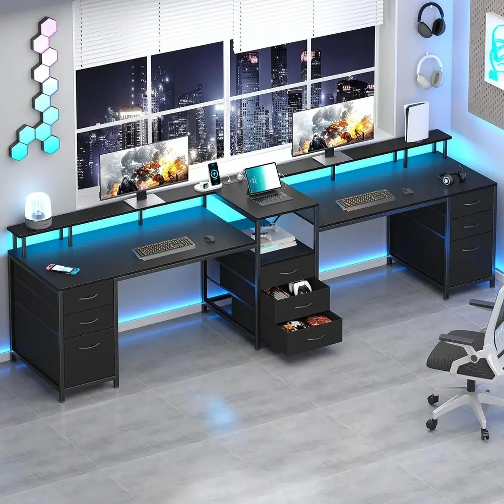 98 Inch 2 Person Desk with 9 Drawers, Outlets, Home Office & Gaming | 2 Person Workstation with Storage, LED Lights, Printer She