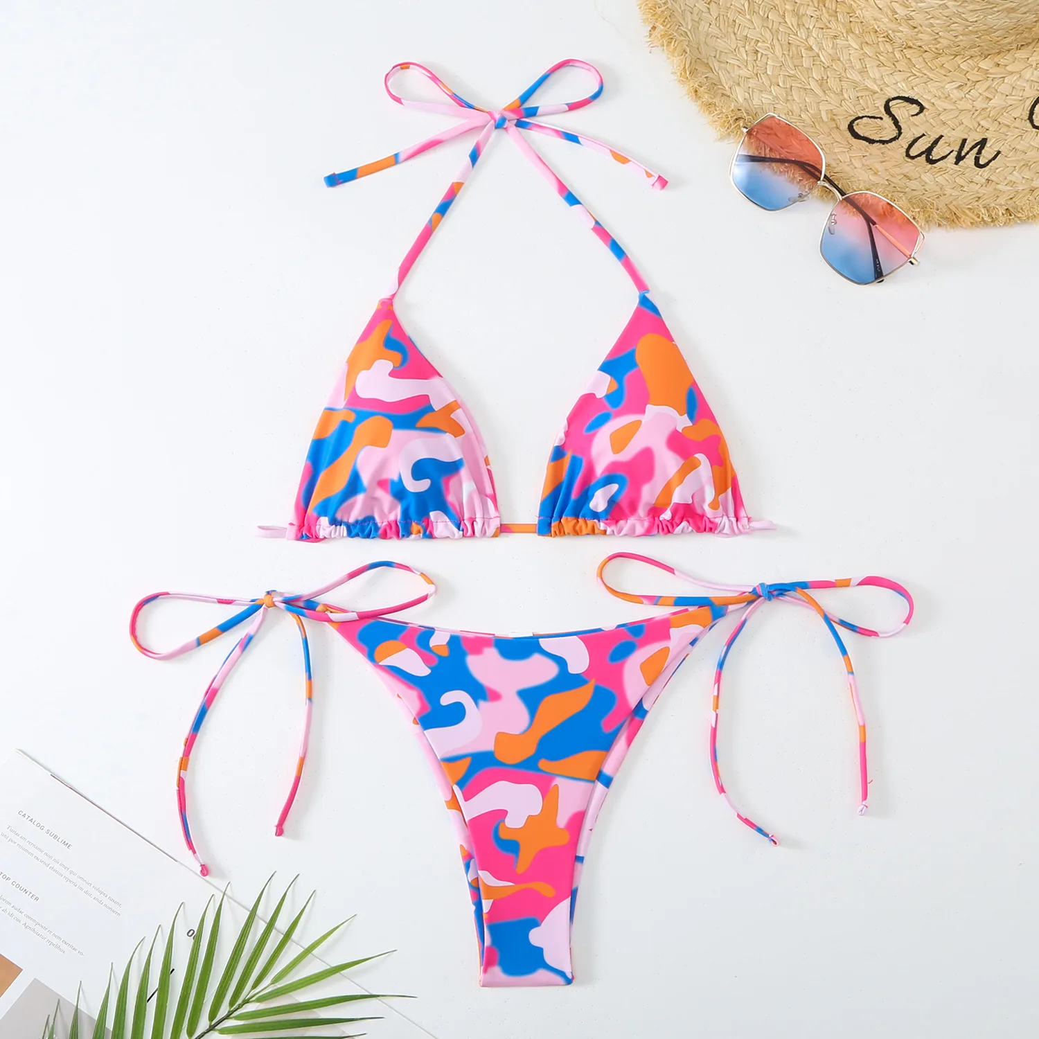 Bathing Suit Women European And American Women's Split Color Contrasting Sexy Lace-up Triangular Bikini Swimsuit