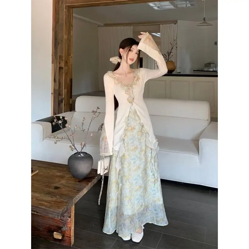 Women's Two Piece Set Ruffle Trim Knit Cardigan & Floral Print Maxi Skirt Elegant Fairy Style Outfit Spring Summer Casual Daily