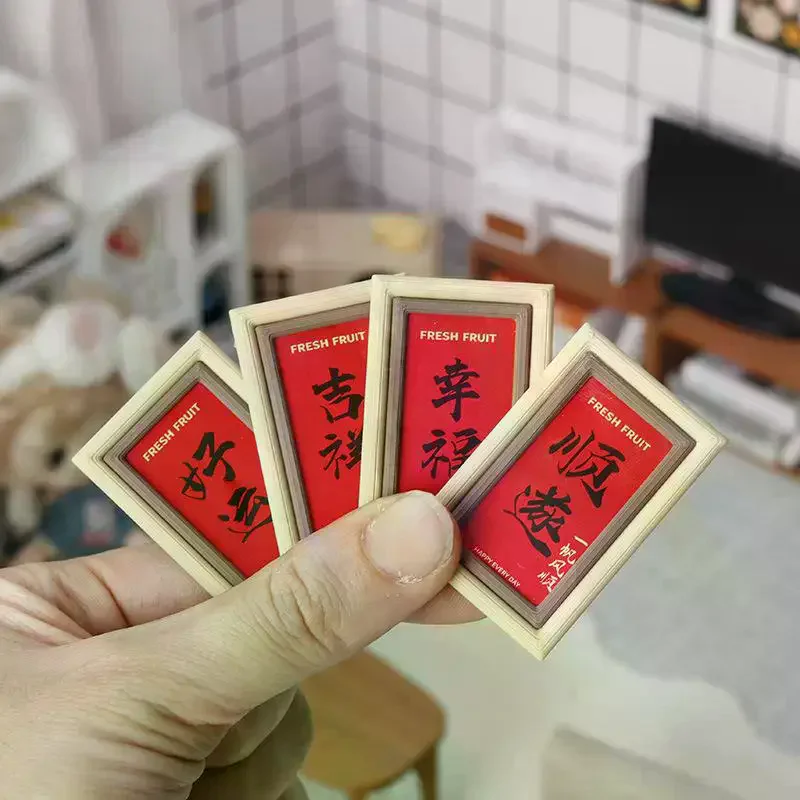 

4Pcs Dollhouse Happy Photo Frame New Year Painting Crafts Miniature Model DIY Fake Food Play Doll House Accessory Holiday Decor