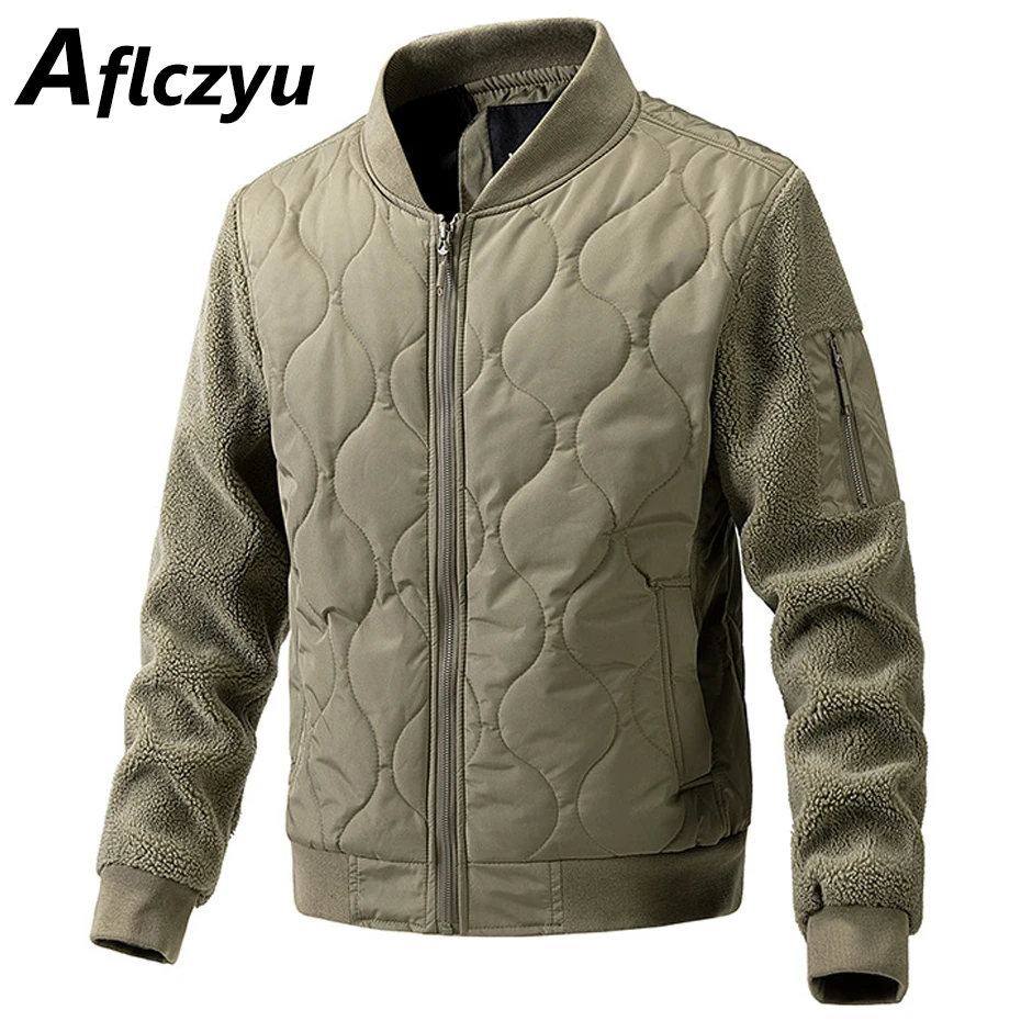 

Baseball Jacket Men Fleece Sleeve Patchwork Jackets Coats Spring Autumn Varsity Jacket Male Outerwear Khaki