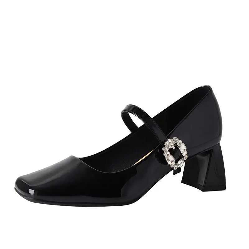 Red thick heels, Mary Jane shoes, women's French retro square toe high heels, patent leather, shallow cut small leather shoes