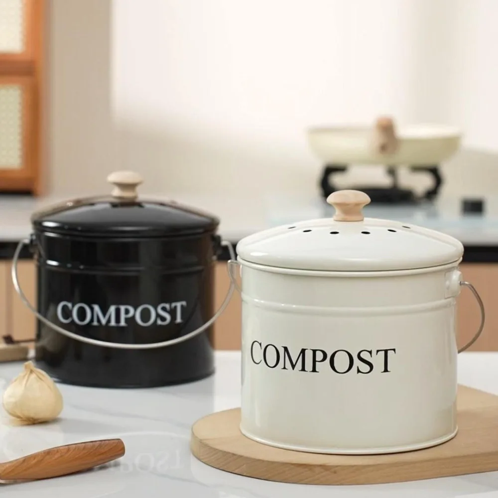 Odorless Kitchen Compost Bucket Large Capacity with Lid Kitchen Trash Bin Metal Activated Charcoal Filtration