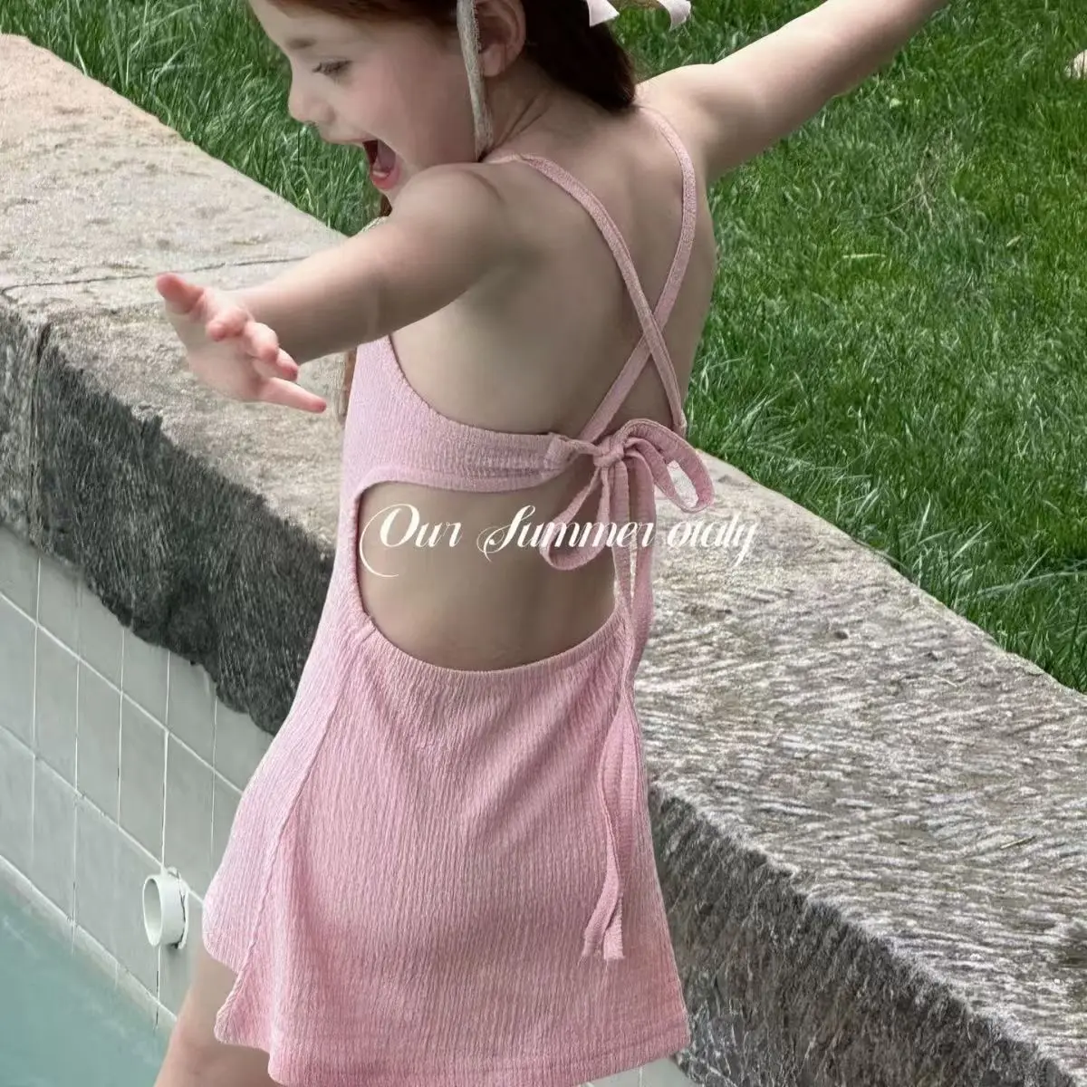 

Girls' Dress Swimsuit 2025 Summer New Product Sweet And Stylish Beach Vacation Backless Camisole Swimsuit 90-150CM