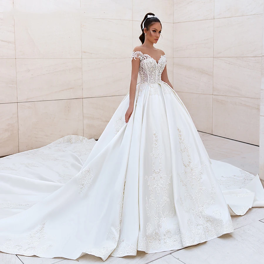 Sexy Tắt Shoulder Wedding Dresses A-Line Ren Đính Của Phụ Nữ Thanh Lịch Bãi Biển Không Tay Đảng Satin Hạt Đính Bridal Gowns