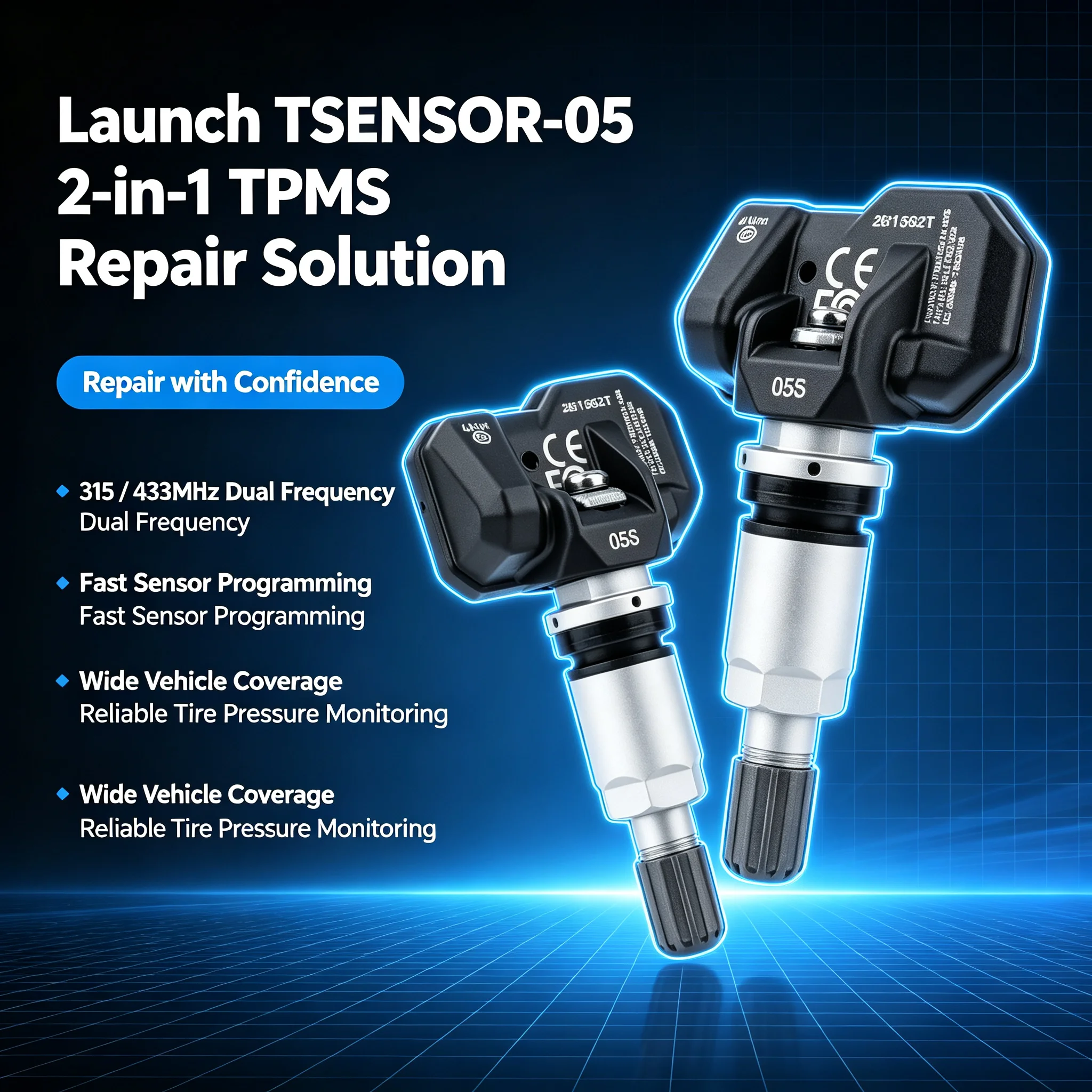 LAUNCH TPMS RF Sensor X431 RF05 315MHz 433MHz Dual Frequency Programmable Tire Pressure Monitoring Sensor Rubber Valve