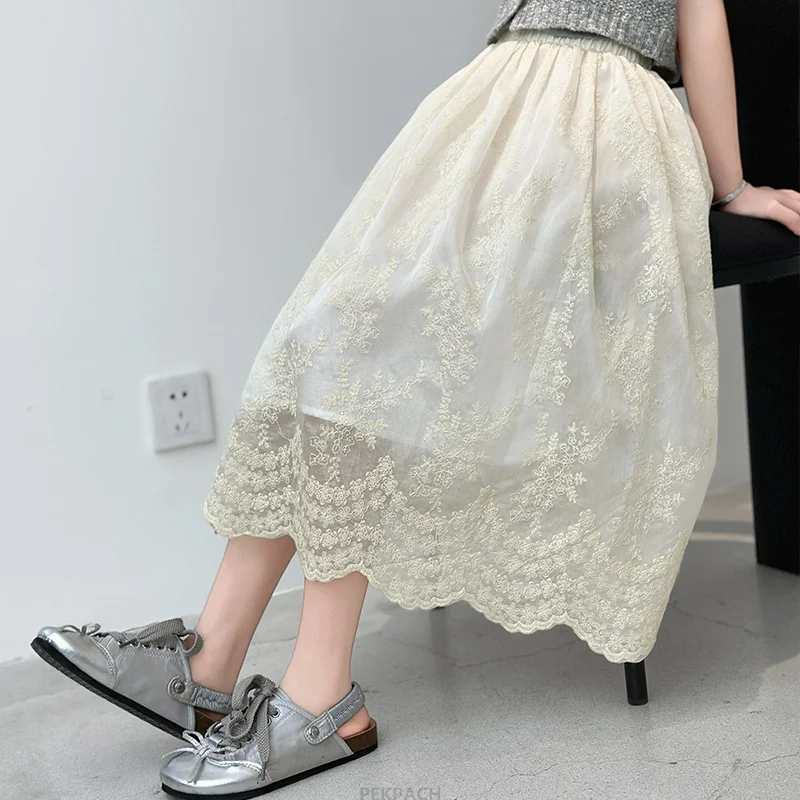 Fashion Child Long Lace Skirt For Girls Age 5 6 7 8 9 10 11 12 13 14 Years Kids Teenager Trendy Streetwear Outfits White Skirt
