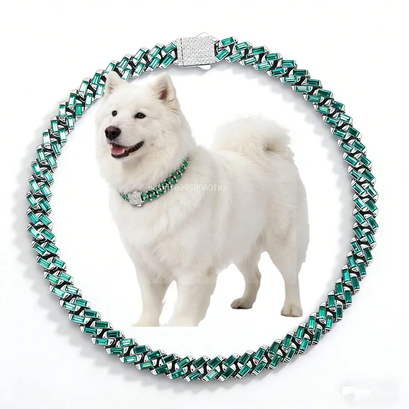 Collares de piedra verde ostentosa para perro, cadena cubana de diamante, collar de gato, Color dorado y plateado, accesorios de joyería para mascotas, 13mm, nuevo