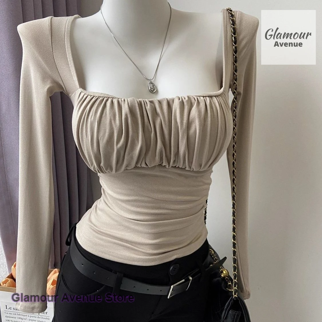 

Korean Spice Girl's Long Sleeve T-shirt with Chest Cushion and Waist Fold Women's Spring and Autumn Square Neck Slim Casual Top