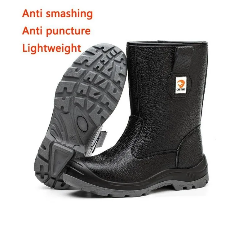 Black High Cylinder Cowhide Safety Shoes Steel Toe Anti Impact And Anti Puncture  Wear-resistant Breathable Construction Site