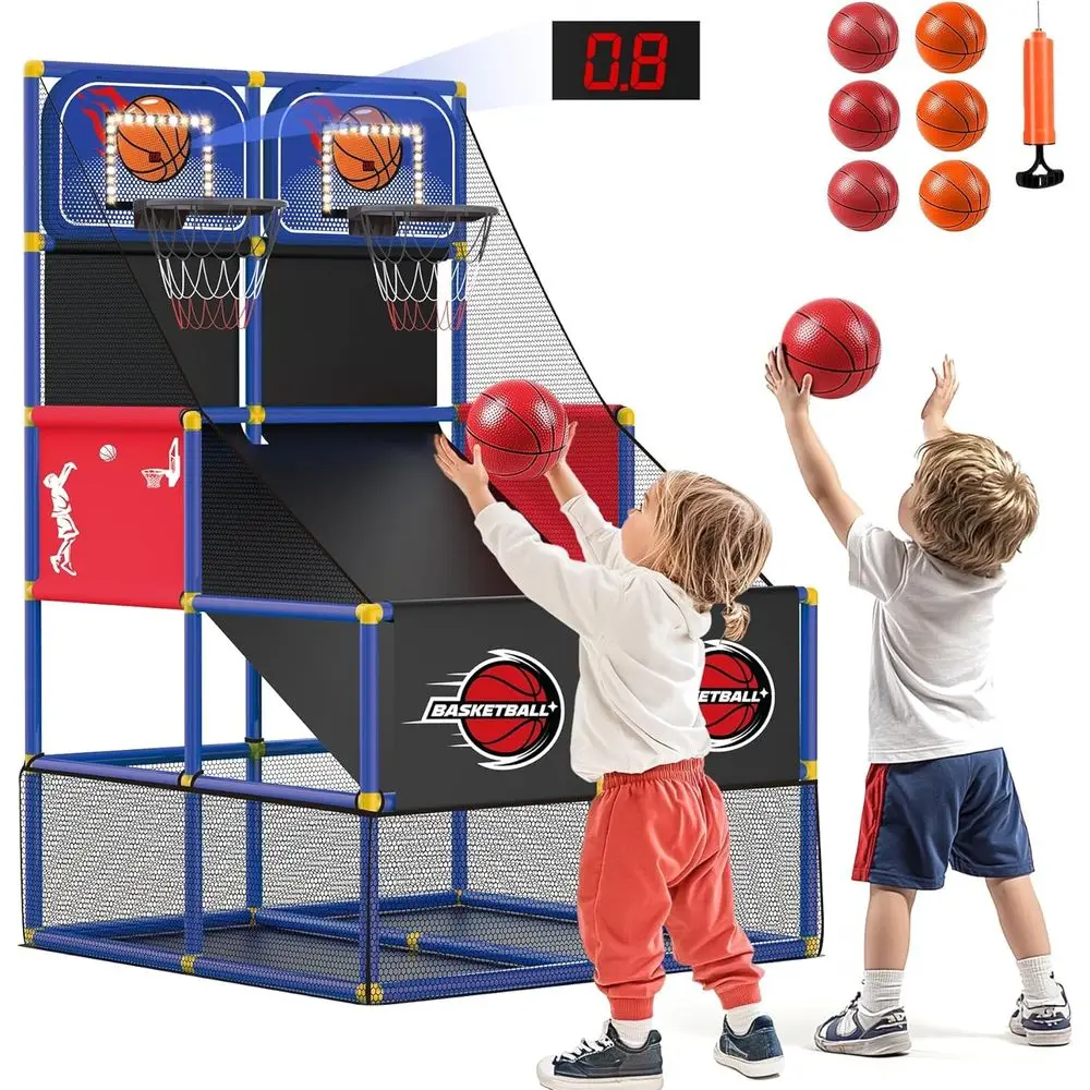 

Children's Double Basketball Arcade Game with 6 Balls, LED Scoreboard, Suitable for Indoor & Outdoor, Ideal for Ages 3-8