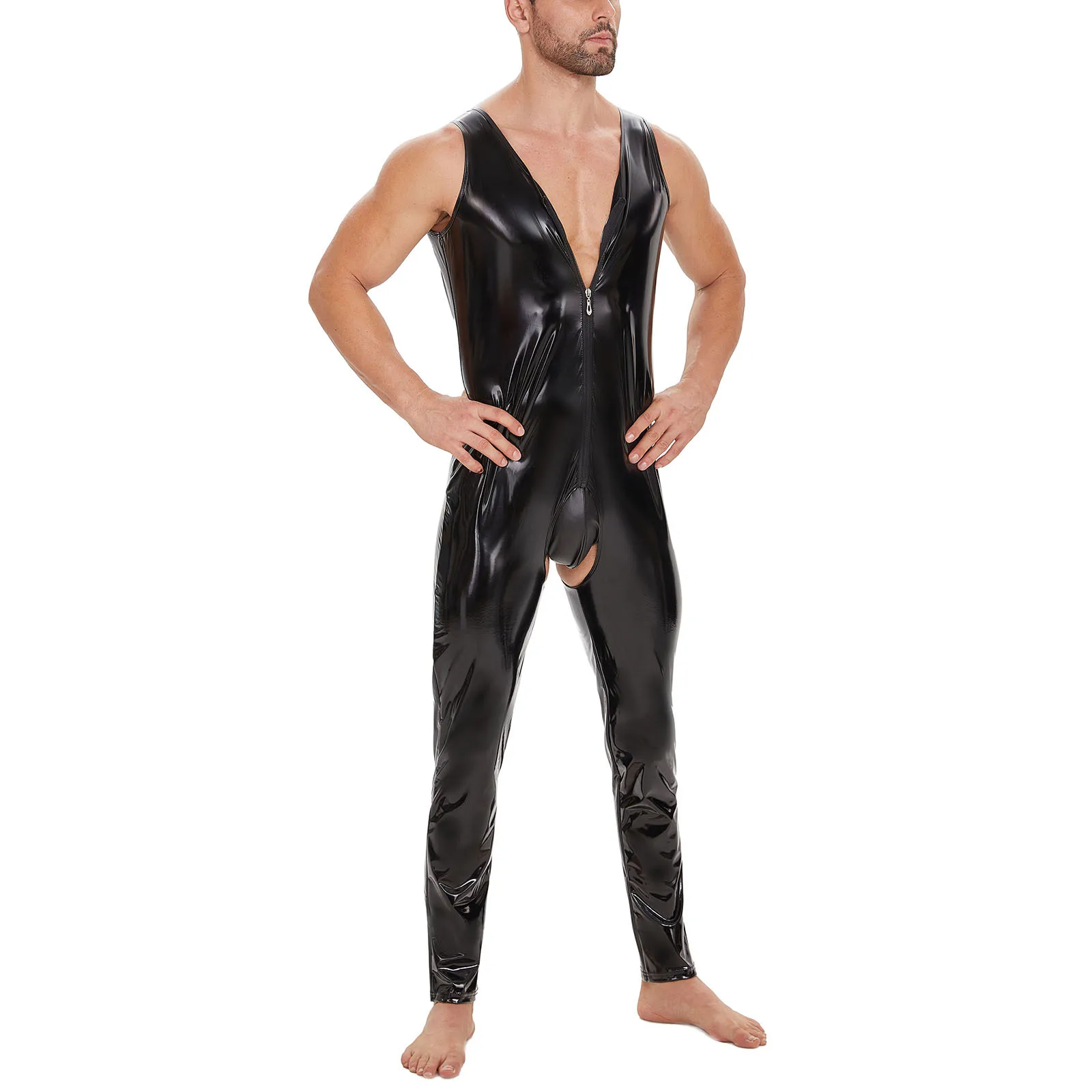 Mens Sexy Crotchless Latex Bodysuit Zipper PVC Leather Jumpsuit Gay Sleeveless Rompers Male Tight Long Leotard Wrestling Singlet