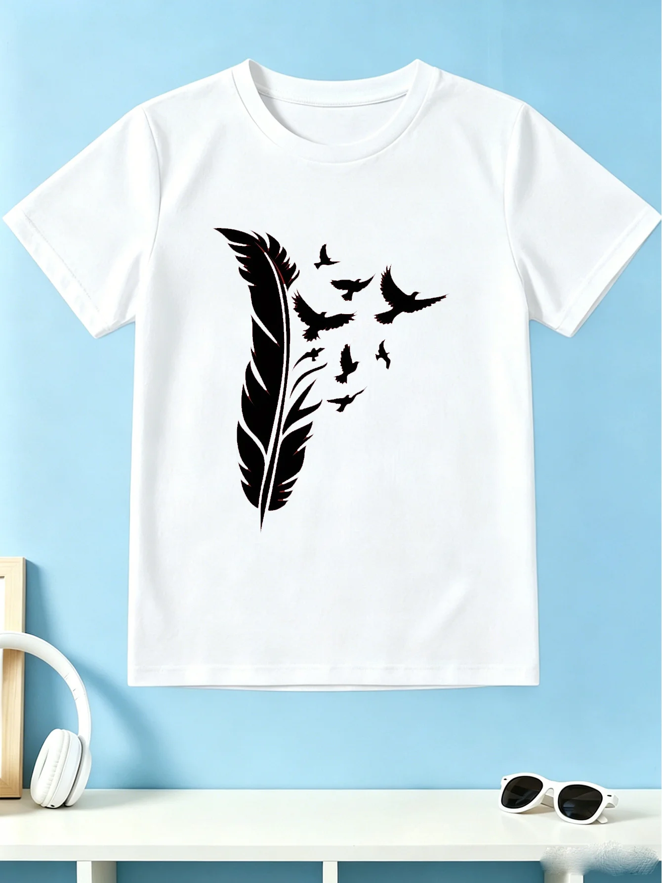 Kids T Shirt Feather And Flying Birds Silhouette Minimal Art Graphic Short Sleeve Cotton Tops For Boys Girls Daily Casual Outfit