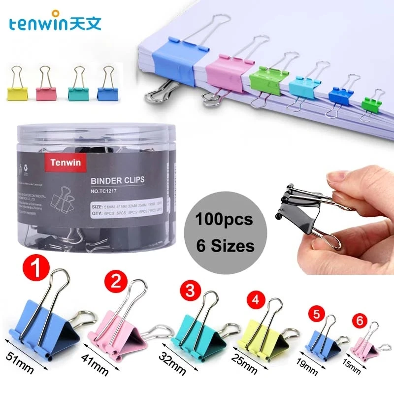 Tenwin 100PCS Metal Clip 19 25 32 41 51mm Foldback Metal Binder Clips colorful Grip Clamps Paper Document Office Stationery