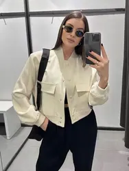 Chaqueta Bomber con bolsillos para mujer, abrigos Vintage de manga larga con botones frontales, prendas de vestir exteriores informales para mujer, Tops elegantes