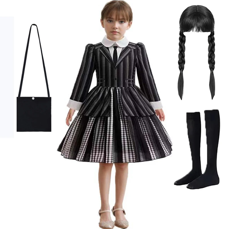 

Черные костюмы на Хэллоуин, детское новое платье Энид для косплея из фильма, платье принцессы в готическую полоску с аксессуарами, черное семейное платье