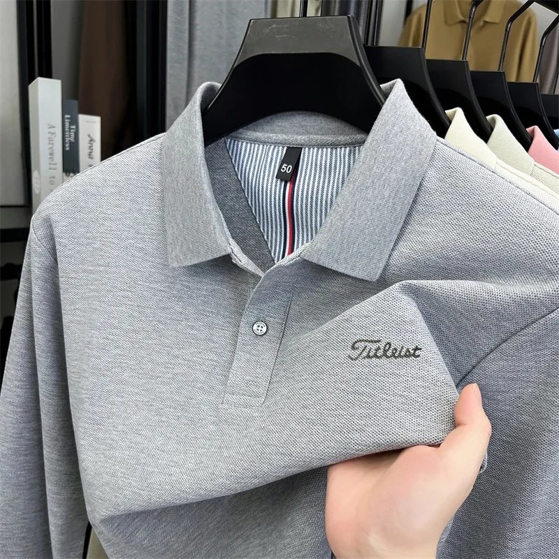 100% Cotton Breathable Solid Color Print Polo Shirt  Autumn New Fashion Long Sleeve Lapel T-Shirt Business Casual Men's Clothing