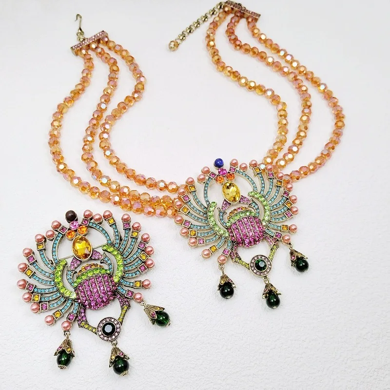 

European and American Style Vintage Rhinestone Spider Necklace Brooch Set Multi-layer Glass Beads Luxury Jewelry For Women Party