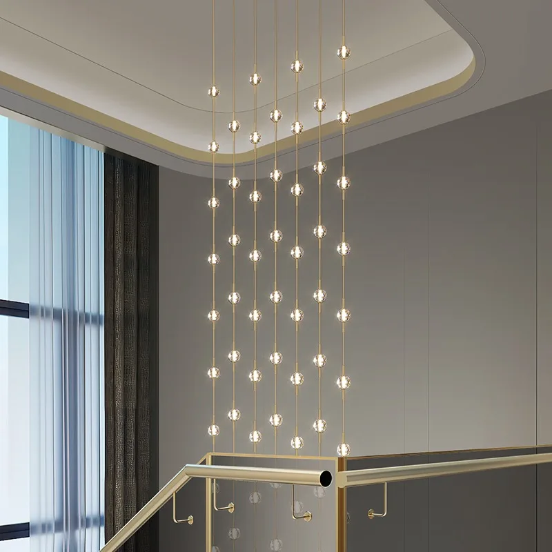 All-copper minimalist narrow staircase chandelier, high apartment duplex building three-run double-fold rotating staircase