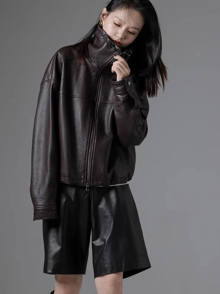 

Retro American Faux Fur Short Jacket Women's Loose Motorcycle Jacket Sheep Leather Real Leather Coat Stand Collar Zipper