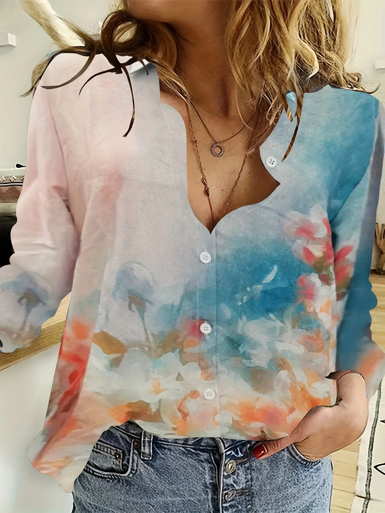 Elegante camicia Casual da pendolare stampata con giunture a tre colori camicetta allentata con scollo a v da donna monopetto a maniche lunghe da donna