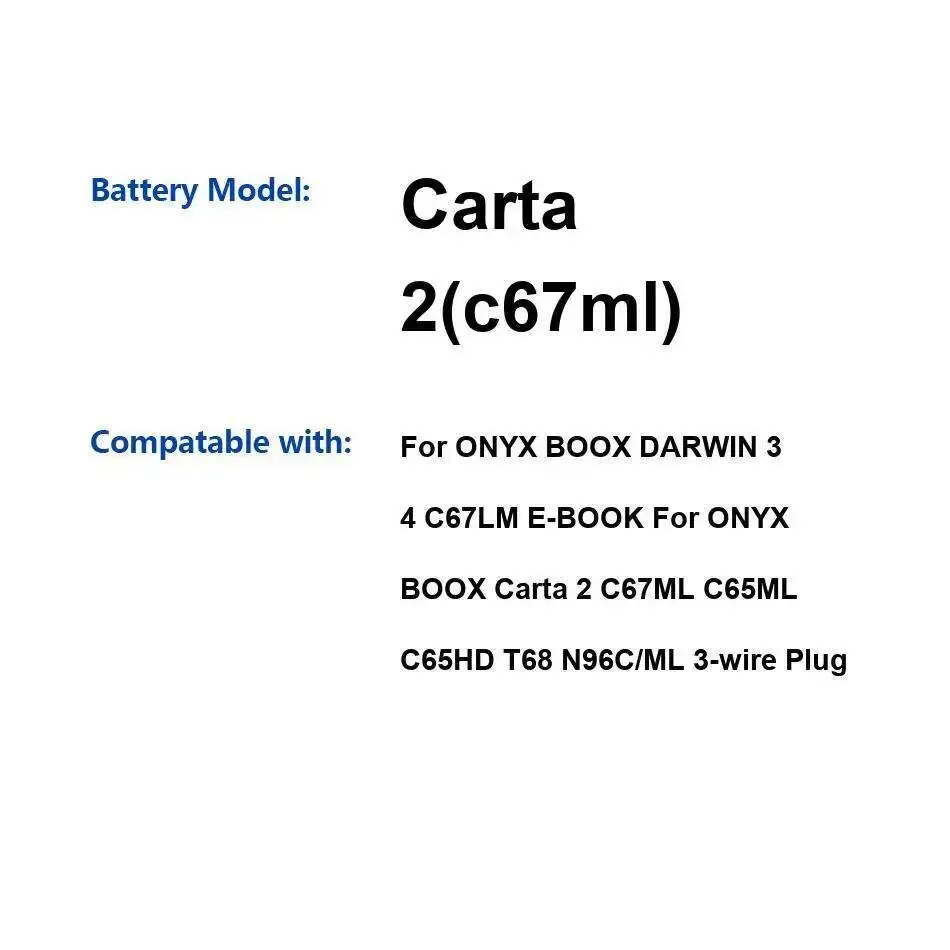 Аккумулятор для чтения книг 4000 мАч для Onyx Boox Darwin 3 4 C67LM E-Book, Carta 2 C67ML C65ML C65HD T68 N96C ML с 3-проводной вилкой