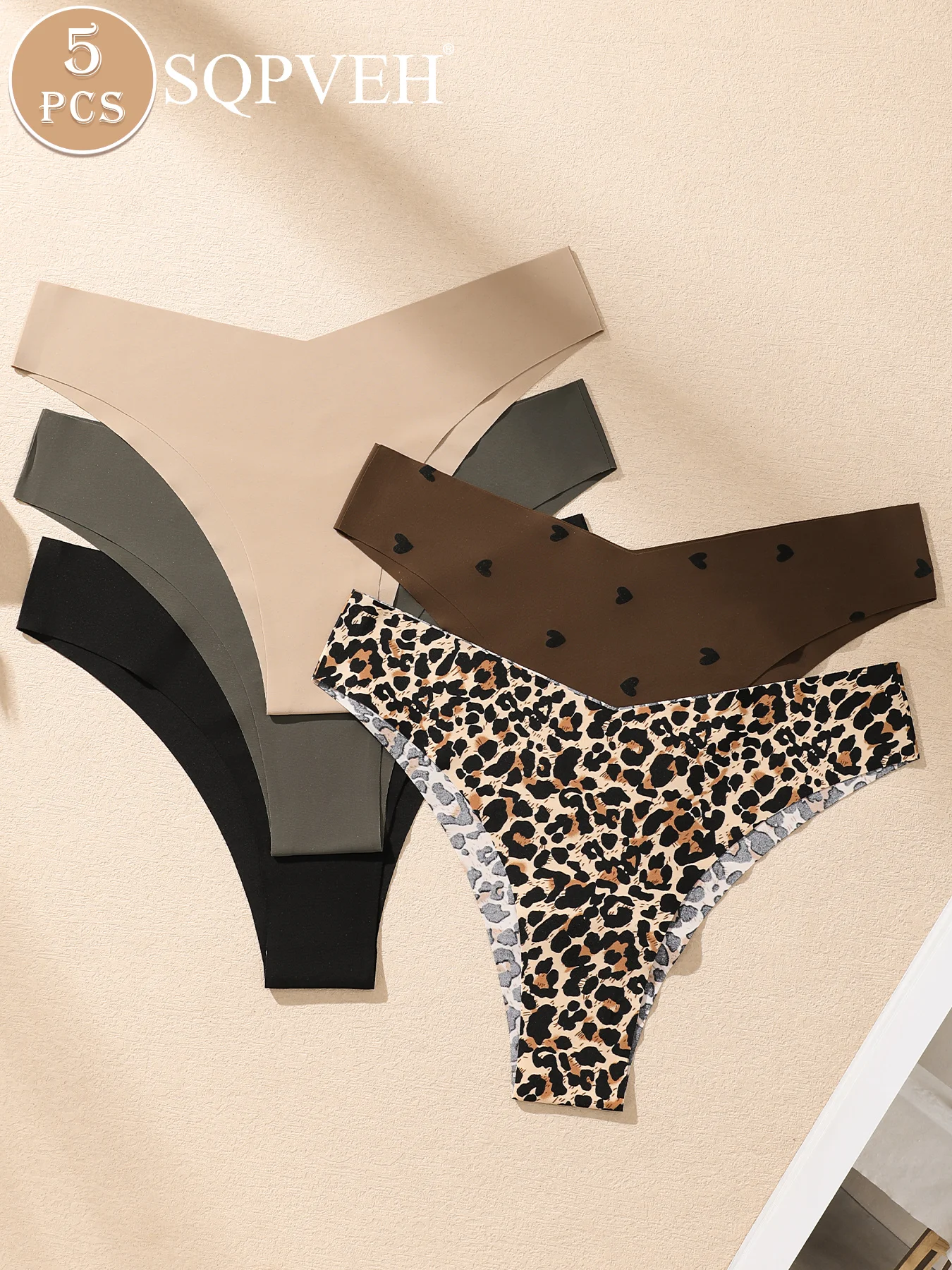 5PCS V-Waist Thongs, Heart Dot Leopard Solid Mix Seamless No Show Soft Stretchy Women Daily Underwear
