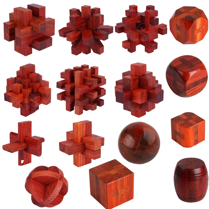 Large Rosewood 3D Puzzle High Difficulty Unlocking Toy Adult IQ Challenge Kong Ming Lock Spatial Thinking Game Kids Puzzle Toy