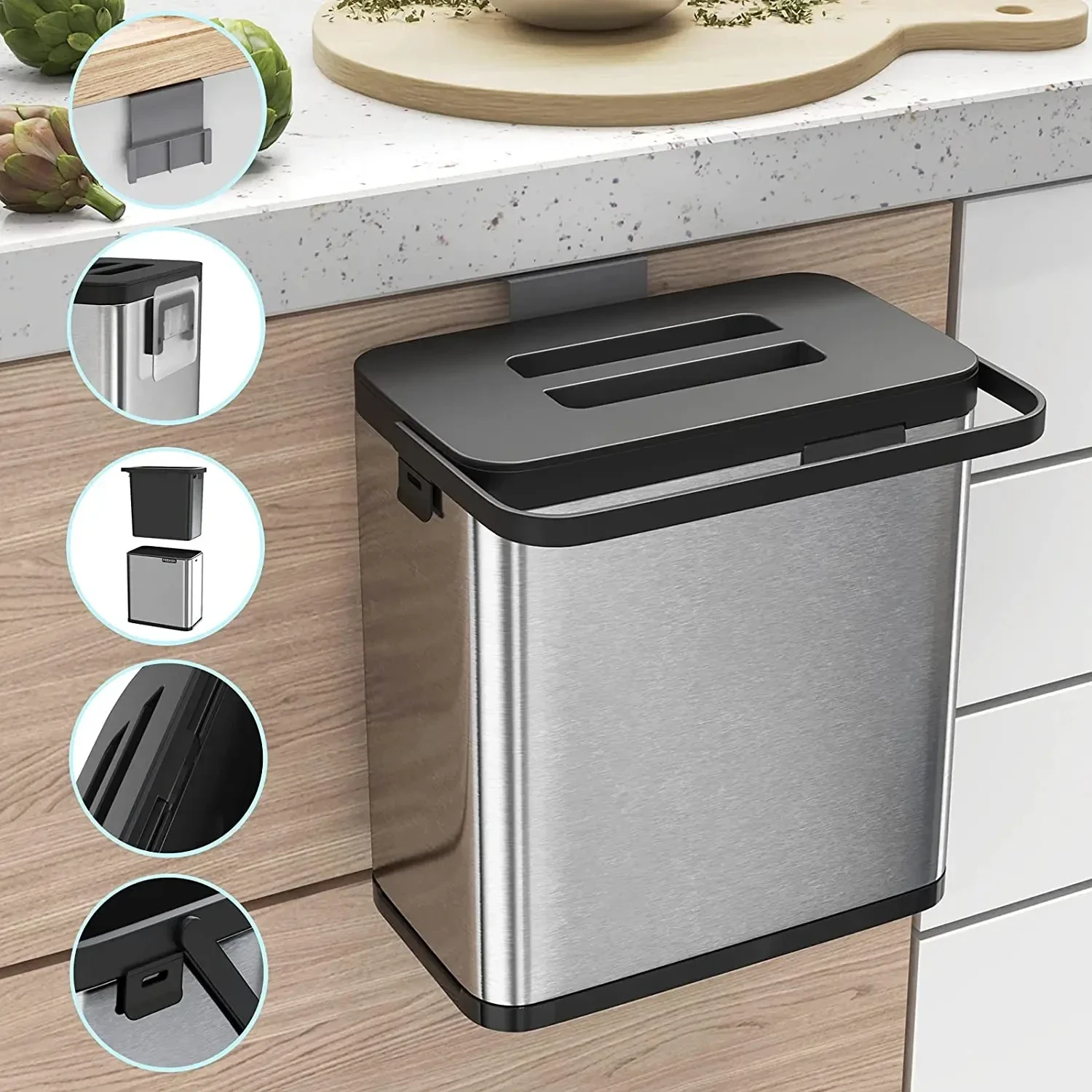 

New Capacity Kitchen Hanging Trash Can with Lid Cabinet Storage Wall Mounted Recycling Garbage Basket Dustbin Rubbish Cocina