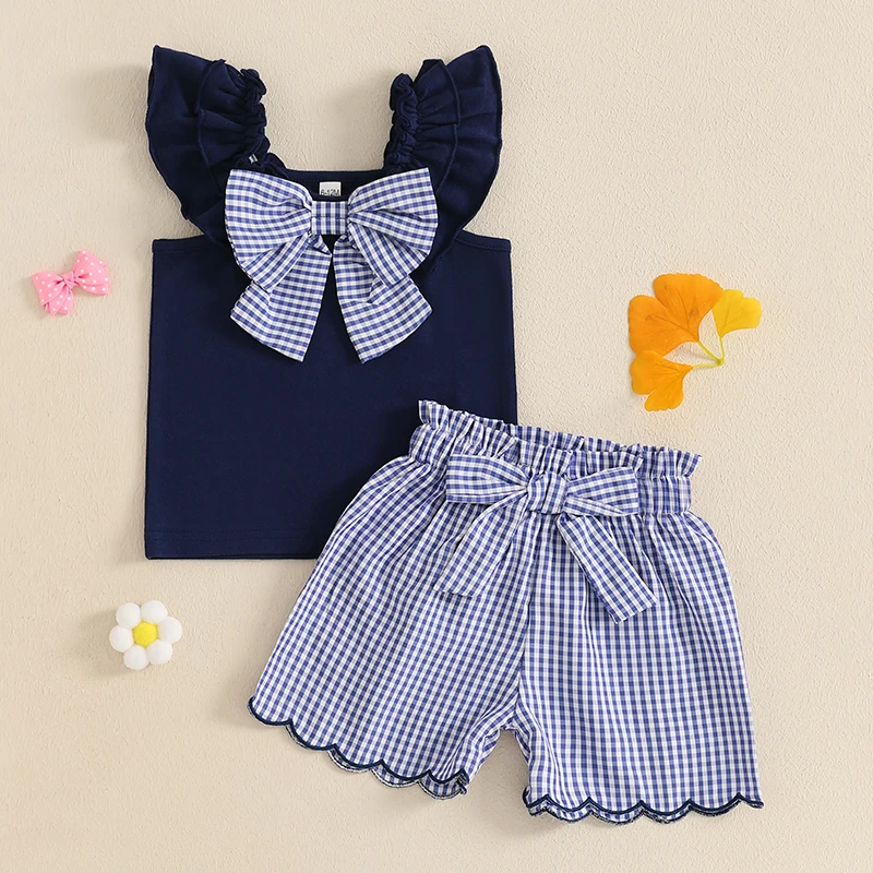 أطقم ملابس صيفية للفتيات الصغيرات من FOCUSNORM من عمر 0 إلى 4 سنوات مكشكشة بدون أكمام مع فيونكة كبيرة + شورت مطبوع منقوش #2