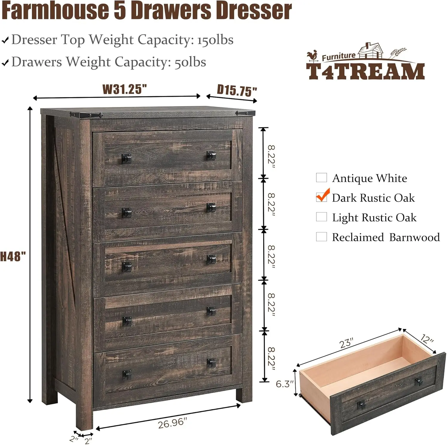 T4TREAM Farmhouse 5 Drawers Dresser Chests for Bedroom, Wood Rustic Tall Chest of Drawers, Dressers Organizer for Bedroom