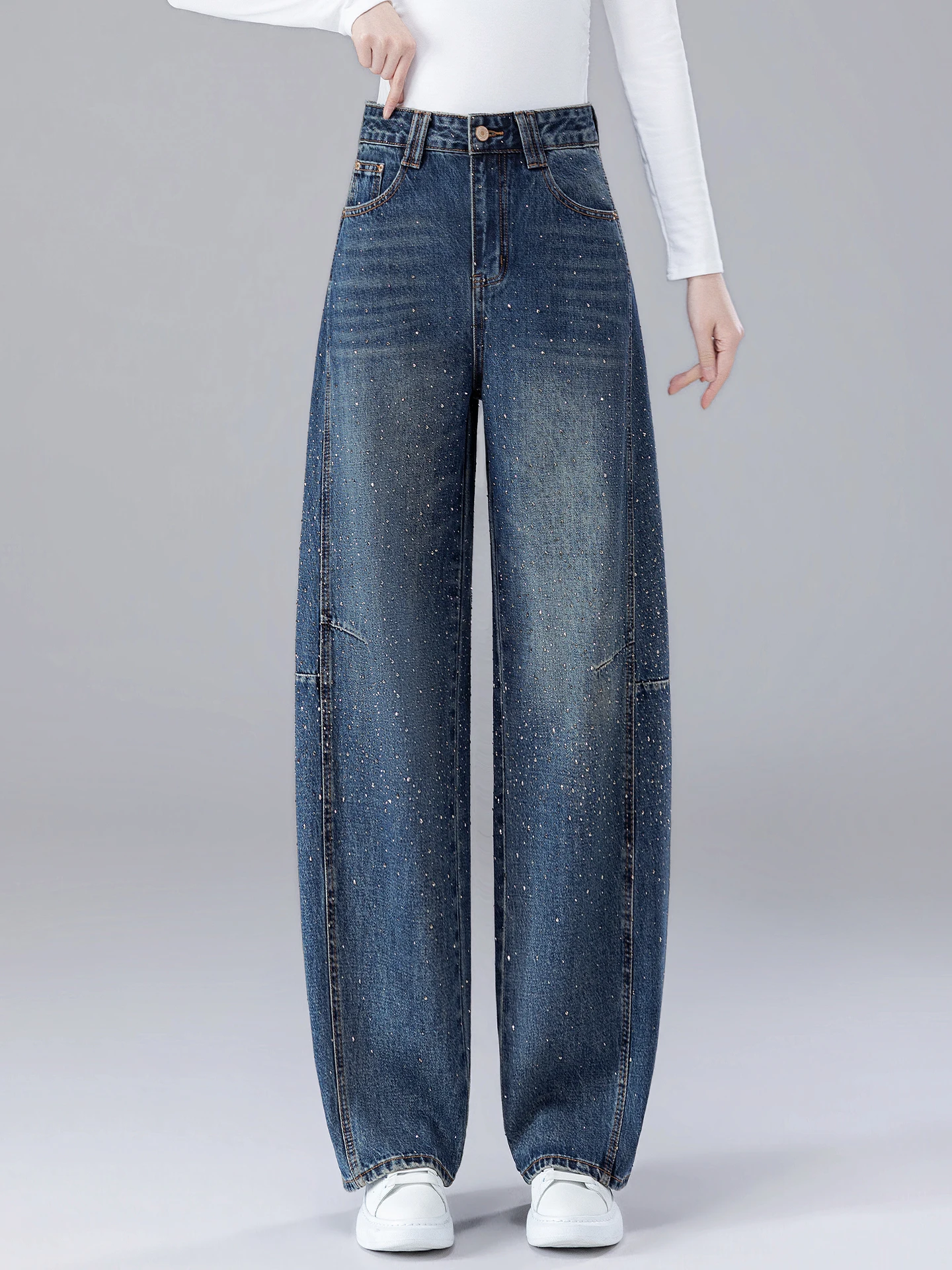 

Женские джинсы с высокой талией, блестящими стразами, широкими штанинами и укороченной длиной (7/8), новинка весна-осень 2026, популярная модель